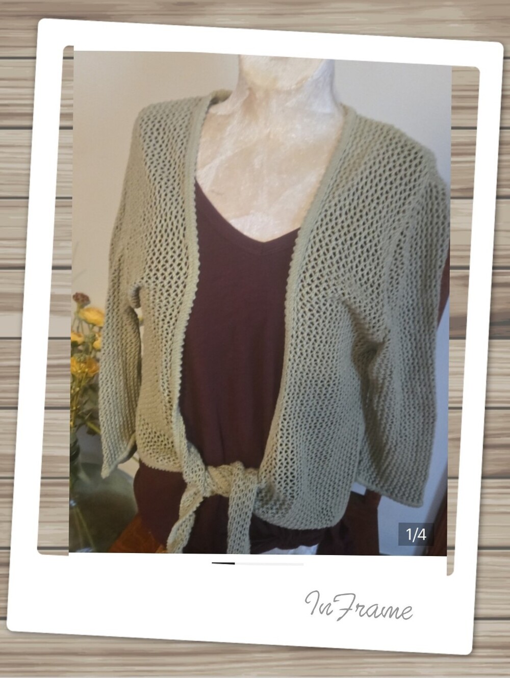 Olive Green Open-Knit Tie-Front Women's Sweater Size Medium
